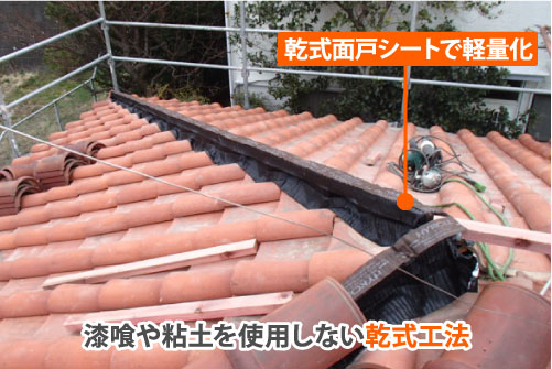 漆喰や粘土を使用しない乾式工法で施工すると屋根が軽量化できます