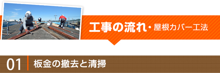 屋根カバー工法 工事の流れ01:板金の撤去と清掃