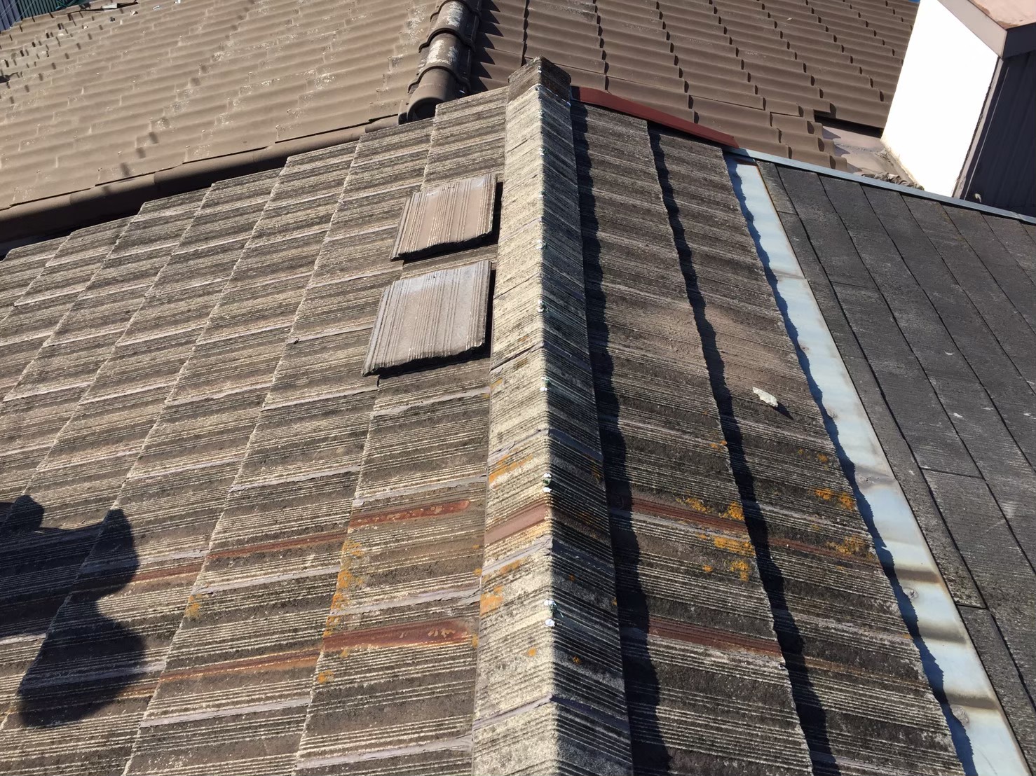 棟部の汚れとコケの付着