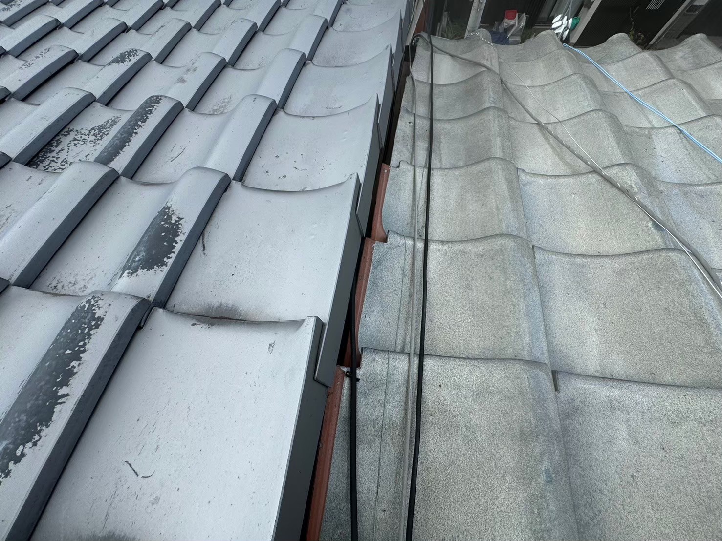 下屋と本屋の瓦の状態差