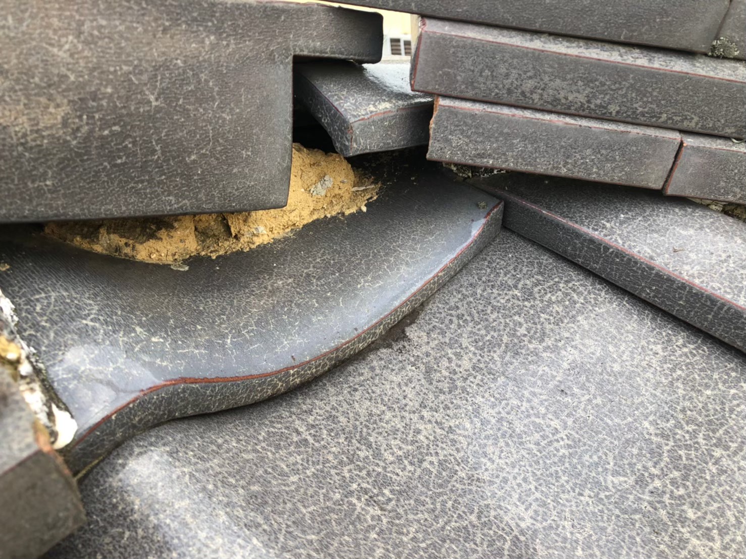 瓦の隙間から内部土が見える状態